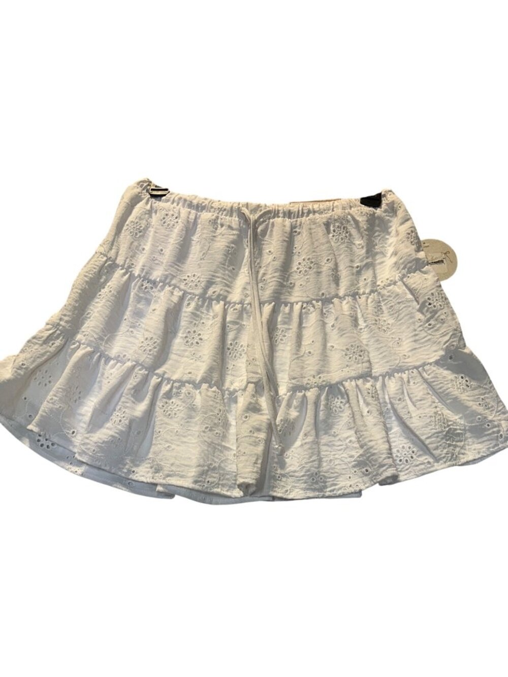 No Comment Size M Tiered Eyelet Mini Skirt Linen Love White